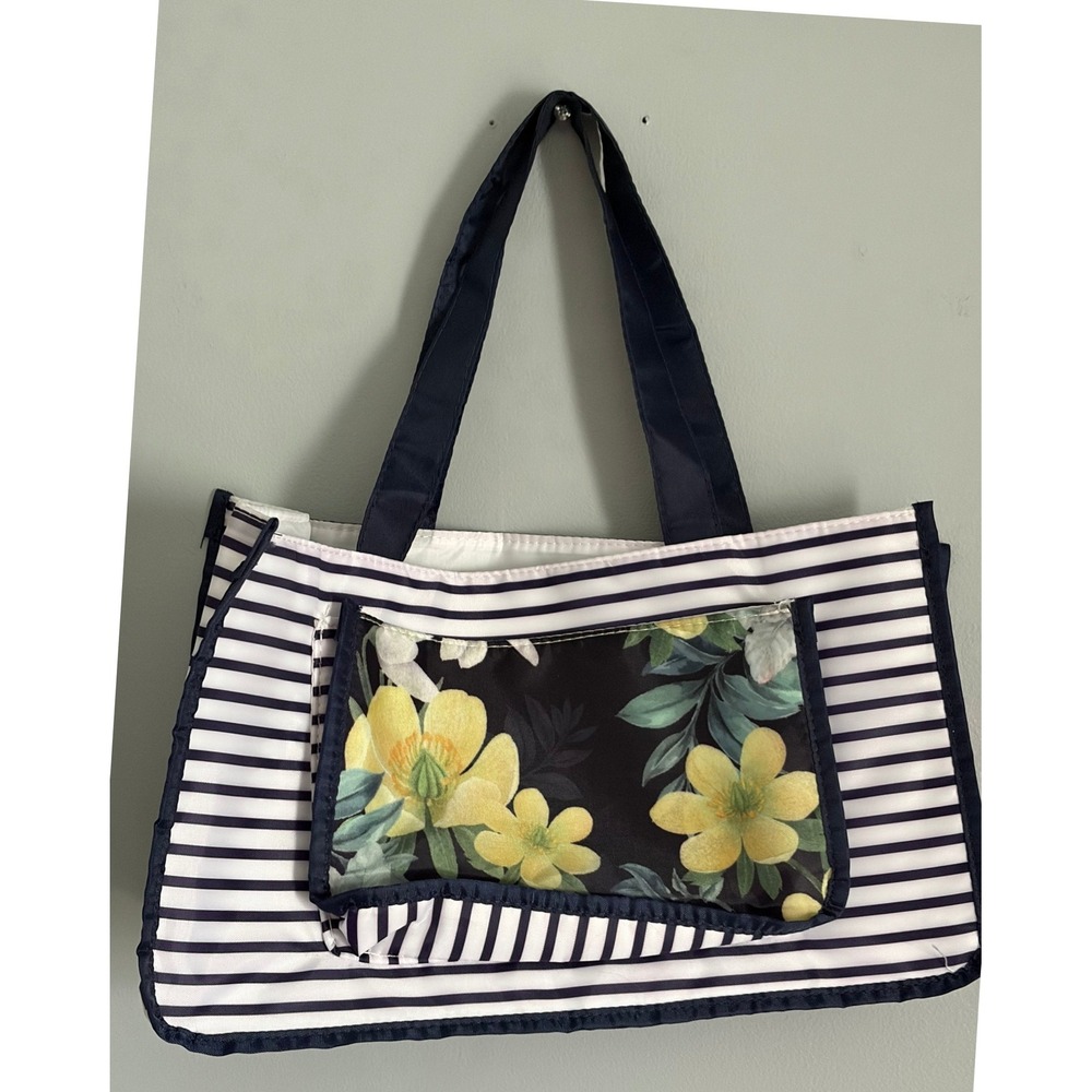 Navy White Striped Floral Pocket Tote Bag Beach Travel Carryall Handbag